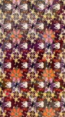 Tekstil için suluboya eskiz deseni. Şirin çiçekli, desenli, kahverengi renkli bir eskiz deseni. El çizimi çiçek çizimi deseni (fayans)).