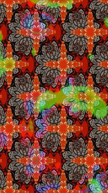 Raster illüstrasyonu. Şirin çiçekli eskiz deseni ve kırmızı renklerde yapraklar, suluboya çiçek deseni, duvar kağıdı, kart veya kumaş için fayanslı.