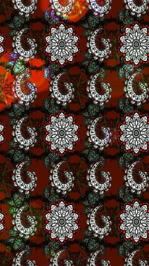 Raster illüstrasyonu. Çiçek desenli çizim. Kahverengi ve siyah renkli Asyalı tekstil.