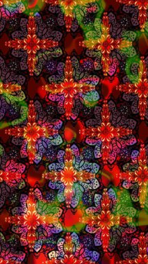 Çiçek desenli çizim. Düz Çiçek Elementleri Tasarımı. Raster illüstrasyonu. Renkli Bahar Teması eskiz kalıbı. Asya tekstil tarzında. Kahverengi ve kırmızı renkte çiçekler.