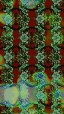 Yeşil ve kahverengi renkli Asya tekstili. Raster illüstrasyonu. Suluboya çiçekli çiçek deseni.