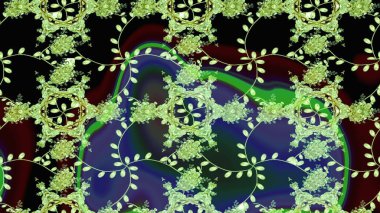 Yeşil arka planda. Çocuksu tasarım. Elle çizilmiş çiçek desenli Raster çizimi. Tekstil, kumaş, ambalaj, hatıra defteri için güzel çiçek arkaplanı..