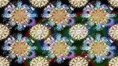 Raster illüstrasyonu. Düz Çiçek Elementleri Tasarımı. Asya tekstil tarzında. Renkli Bahar Temalı Kusursuz Arkaplan. Kusursuz çiçek deseni. Güzel kumaş deseni.