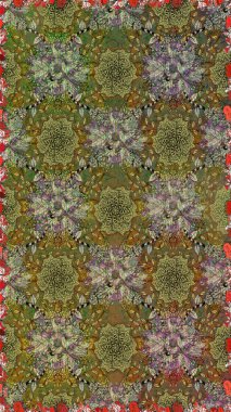 Millefleur 'lar. Tekstil, kumaş, kapaklar, duvar kağıtları, baskı, naylon, yapıştırma, örgü, dekupaj için çiçeksiz arkaplan. Küçük kahverengi ve yeşil renkte güzel bir besin torbası deseni, çiçekler.