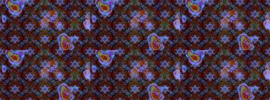 Nakış desenli çiçek deseni. Renkli grunge, soyut arkaplanı kolonya ve mor çiçeklerle süslüyor. İzler, kumaş, duvar kağıtları, tekstil için raster dokusu.