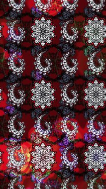 Raster illüstrasyonu. Siyah ve kırmızı kıvırcık çiçekler siyah ve kırmızı renklerde şekillenir. Klasik çiçek tasarım elementleri.