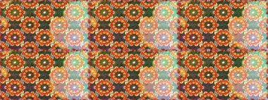 Barok tarzında duvar kağıdı tasarımı için kusursuz damaske deseni arkaplanı. Süslü raster dekorasyonu. Kahverengi ve turuncu renklerde altın desenli altın elementler.