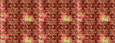 Doğum günü kartı, davetiye ya da afiş için iyidir. Raster illüstrasyonu. Kusursuz ortaçağ çiçek deseni. Kırmızı ve kahverengi renklerde altın. Dekoratif simetri arabesk.