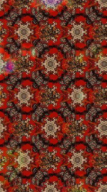 Tekstil için suluboya eskiz deseni. Şirin çiçekli, desenli, kahverengi ve kırmızı renklerde renkli bir eskiz deseni. El çizimi çiçek çizimi deseni (fayans)).