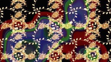 Çiçekleri, deniz kabukları, mandalaları ve suluboya efektleriyle donanma geçmişi. Eskiz modeli etnik tasarım. Yatak çarşafları, ceket, paket tasarımı, kumaş ve moda kavramları için tekstil baskısı.