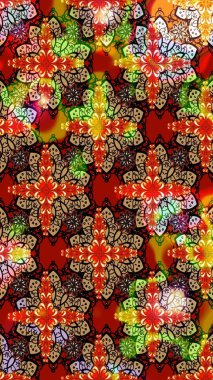 Arkaplan dokusu, duvar kağıdı, kırmızı ve kahverengi renkli çiçek teması. Kabile sanatı boho baskısı, klasik çiçek arkaplanı. Soyut etnik raster çizim kalıbı.