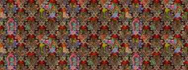 Çiçek duvar kağıdı. Renkli süs kenarı. Hint süsü. Çizim kalıbı. Raster illüstrasyonu. Kahverengi ve bej renklerde.