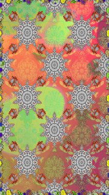 Gri ve yeşil renklerde parlak çiçekli halı deseni.