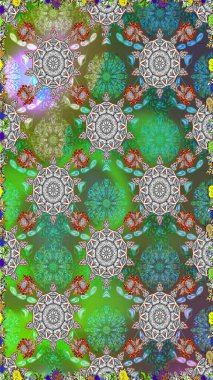 Patlayan çiçekler soyut olarak yerleştirilmiş. Raster deseni. Raster illüstrasyonu. Yeşil ve gri renklerde bahar çiçekleri..