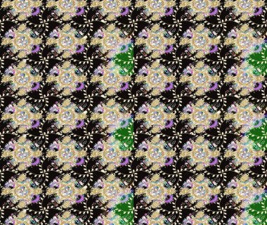 Eskiz geçmişi. Kumaş, tekstil, duvar kağıdı baskısı için. Raster illüstrasyonu. Eski usul. Renkli desenli eskiz deseni, siyah çiçekler ve dekoratif elementlerle.