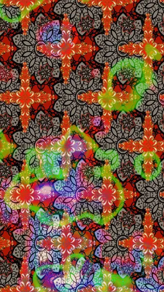 1950-1960 motifleri. El çizimi çiçek unsurları olan soyut çizim raster deseni. Kahverengi ve bej üzerine kahverengi ve bej. Retro tekstil tasarım koleksiyonu. Çiçekli ipek eşarp..