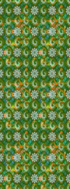 Yeşil ve nötr renklerde parlak çiçekli halı deseni.