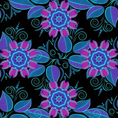 Sorunsuz çiçek deseni kaydırma kağıt, davet, el ilanı, afiş veya Web sitesi Web sitesi arka plan duvar kağıdı için kullanılabilir. Parlak öğeleri çizilmiş vektör çizim el.