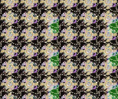 Eskiz geçmişi. Kumaş, tekstil, duvar kağıdı baskısı için. Raster illüstrasyonu. Eski usul. Renkli desenli eskiz deseni, siyah çiçekler ve dekoratif elementlerle.