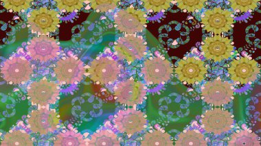 Raster Çiçek İllüstrasyonu 'nun şirin tekstili. Yeşil renkli etnik çiçeklerle zarif eskiz deseni.