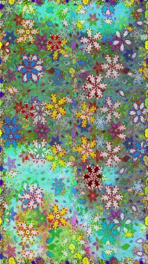 Raster illüstrasyonu. El çizimi çiçekli, soyut, pürüzsüz desen. Yeşil ve mavi renkte çiçekler.