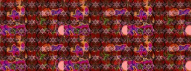 Sevimli çiçek raster deseni. Kahverengi ve kırmızı renkte çiçekler. Renkli Yaz Temalı eskiz kalıbı. Düz Çiçek Elementleri Tasarımı.