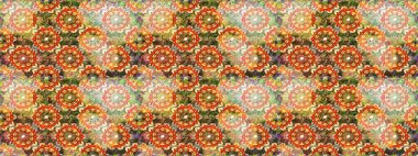 Doğum günü kartı, davetiye ya da afiş için iyidir. Kusursuz ortaçağ çiçek deseni. Dekoratif simetri arabesk. Turuncu ve kahverengi renklerde altın. Raster illüstrasyonu.