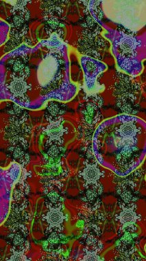 Yeşil ve kırmızı renklere karalamalar çizilmiş çiçek deseni. Raster illüstrasyonu.