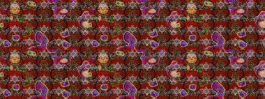 Parlak renkli çiçekleri ve kahverengi ve kırmızı renkte yaprakları olan harika bir çiçek deseni. Moda baskıları için zarif bir şablon. Modern çiçek arkaplanı. Halk stili.