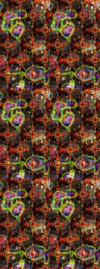 Patlayan çiçekler soyut olarak yerleştirilmiş. Kahverengi ve siyah renklerde bahar çiçekleri. Raster illüstrasyonu. Raster deseni.