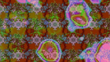 Kahverengi ve yeşil kahverengi ve yeşil. Retro tekstil tasarım koleksiyonu. 1950-1960 motifleri. El çizimi çiçek unsurları olan soyut çizim raster deseni. Çiçekli ipek eşarp..