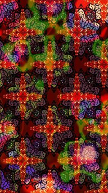 Raster - stok. Yapraklı çiçekler ve kahverengi ve siyah renkli papatya çiçekleri. Taslak arkaplan deseni.