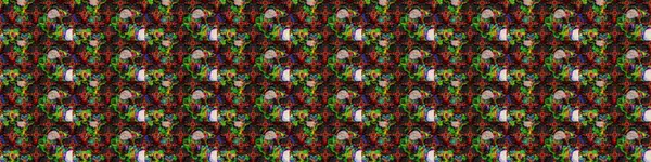 Çok renkli ve yeşil zarif küçük çiçekler ve siyah ve yeşil renkli komik böcekler, raster desen, illüstrasyon.