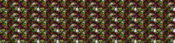 Çok renkli ve yeşil zarif küçük çiçekler ve siyah ve yeşil renkli komik böcekler, raster desen, illüstrasyon.