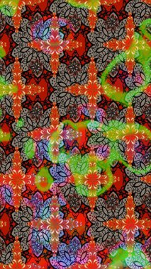 Patlayan çiçekler soyut olarak yerleştirilmiş. Kibar, bahar çiçekleri kırmızı ve kahverengi renklerde. Raster illüstrasyonu. Raster deseni.