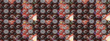 Parlak renkli çiçekleri ve gri ve kahverengi renkte yaprakları olan harika bir çiçek deseni. Moda baskıları için zarif bir şablon. Modern çiçek arkaplanı. Halk stili.