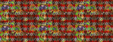 Çiçek desenli çizim. Raster illüstrasyonu. Asya tekstil tarzında. Kırmızı ve kahverengi renkte çiçekler. Raster illüstrasyonu.