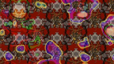 Modern çiçek arkaplanı. Moda baskıları için zarif bir şablon. Halk tarzı. Parlak renkli çiçekleri olan ve kahverengi ve kırmızı renkte yaprakları olan inanılmaz bir çiçek deseni..