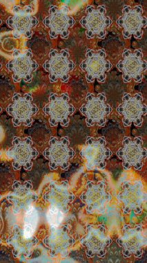 Kahverengi ve gri renkli Asya tekstili. Raster illüstrasyonu. Çiçek desenini çiz.