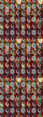 Kırmızı ve kahverengi, kırmızı ve kahverengi. Retro tekstil tasarım koleksiyonu. Çiçekli ipek eşarp. 1950-1960 motifleri. El çizimi çiçek elementleri ile soyut çizim raster deseni.