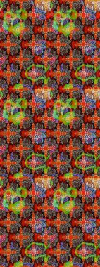 Halk tarzı. Modern çiçek arkaplanı. Moda baskıları için zarif bir şablon. Parlak renkli çiçekleri olan ve kahverengi ve kırmızı renkte yaprakları olan inanılmaz bir çiçek deseni..