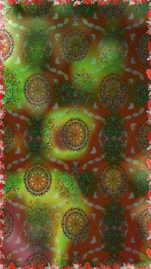 Raster Illustrasyon 'da moda olmayan çiçek deseni. Renkli Yaz Temalı Kusursuz Arkaplan. Düz Çiçek Elementleri Tasarımı. Kahverengi ve yeşil renkte çiçekler.