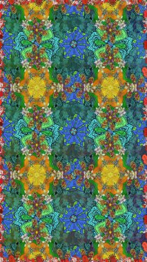 Parlak çiçekli kolaj çiçekleri yeşil ve mavi. Çiçek tasarımı için inanılmaz bir kolaj cenneti tarzı. Çiçekli zambaklar dikişsiz arkaplan.