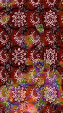 Moda baskıları için zarif bir şablon. Halk tarzı. Parlak renkli çiçekleri ve kahverengi ve pembe renkte yaprakları olan harika bir çiçek deseni. Modern çiçek arkaplanı.