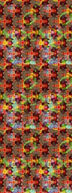 Çiçek desenli çizim. Raster illüstrasyonu. Kırmızı ve kahverengi renkli Asyalı tekstil.