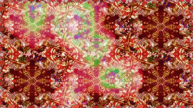 Raster illüstrasyonu. Kırmızı ve kahverengi renklerde ve altın elementlerle klasik, pürüzsüz desen.