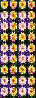 Çok renkli, zarif küçük çiçekler ve sarı renkli komik böcekler, raster desen, illüstrasyon..