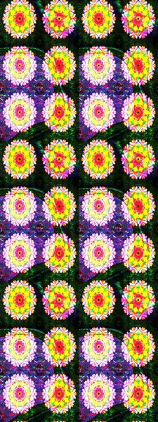 Çok renkli, zarif küçük çiçekler ve sarı renkli komik böcekler, raster desen, illüstrasyon..