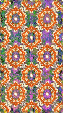 Damask pürüzsüz süsü. Geleneksel raster ve altın desen. Turuncu ve bej renkler üzerinde klasik oryantal desen.