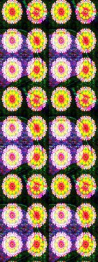 Çok renkli, zarif küçük çiçekler ve sarı renkli komik böcekler, raster desen, illüstrasyon..